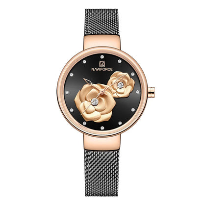Reloj para mujer NAVIFORCE, marca de lujo superior, malla de acero, resistente al agua, relojes para mujer, reloj de pulsera femenino de cuarzo con flores, reloj encantador para chica.
