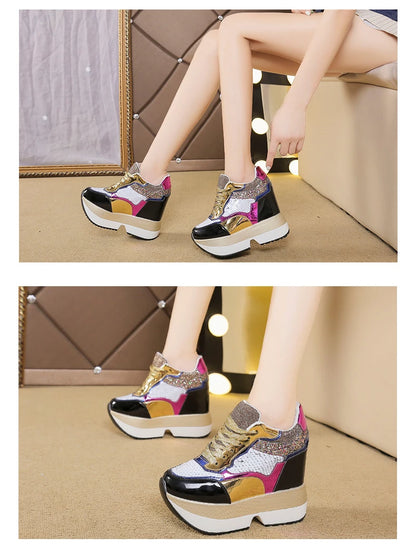 Fashion White Sneakers Women's High Platform Casual Shoes Height Increasi Leathe Shoes 10 CM Thick Sole Trainers Tennis Sports