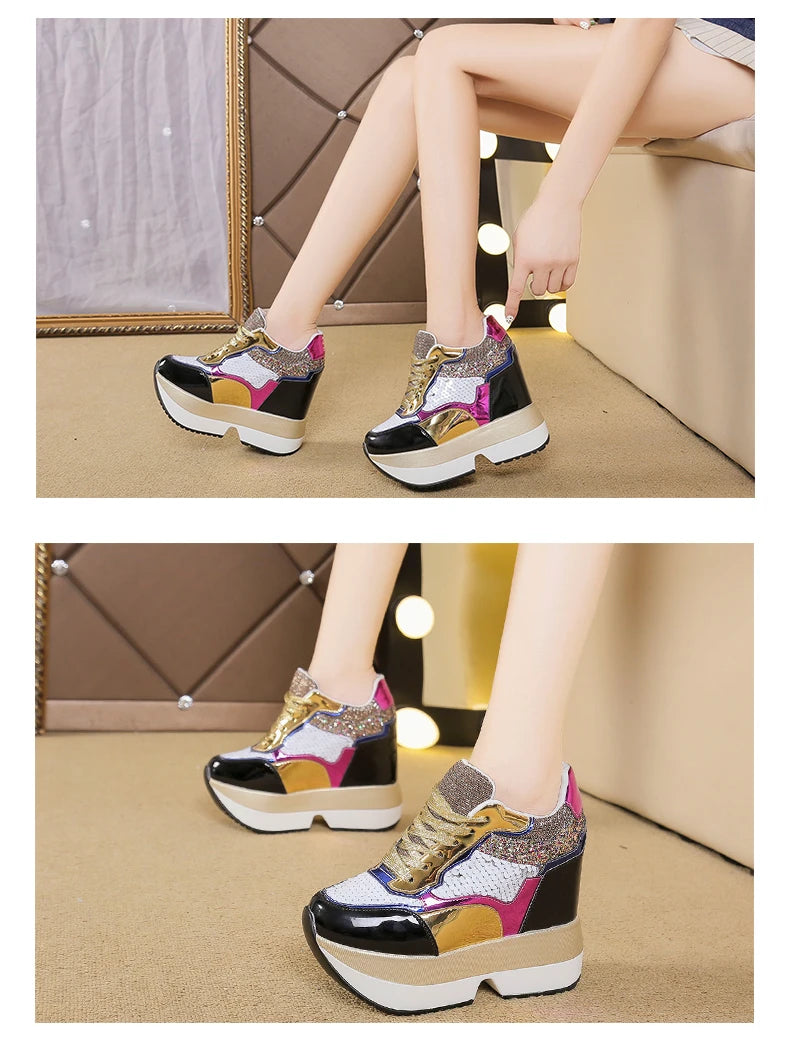 Fashion White Sneakers Women's High Platform Casual Shoes Height Increasi Leathe Shoes 10 CM Thick Sole Trainers Tennis Sports