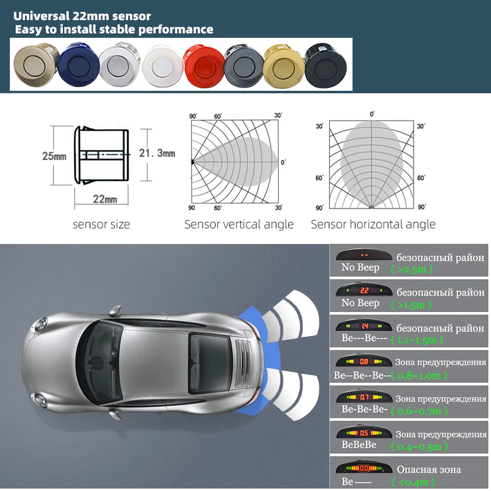 Hippcron Car LED Parking Sensor Kit 4 Sensors 22mm Reverse Radar Sound Alert Indicator System 8 Colors