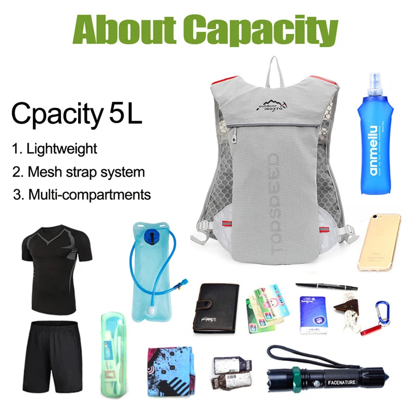 Mochila ultraligera de 5 l para correr en senderos al aire libre, chaleco de hidratación para correr, bolsa transpirable para ciclismo de maratón, botella de agua de 500 ml.