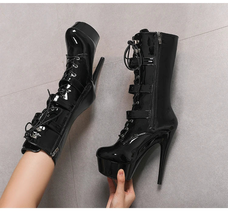 Nightclub Platform Women's Shoes 8 Inch Pole Dancing Pumps 20CM Thin High Heels Mid Tube Boots Design Buckle Sexy Stripper Show