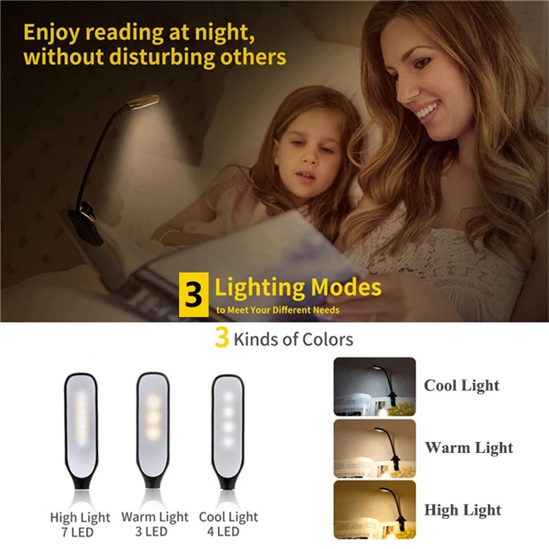 Rechargeable Book Reading Light Lamp, LED Book Light for Reading in Bed - Eye Caring Adjustable Brightness 3 Color Temperatures