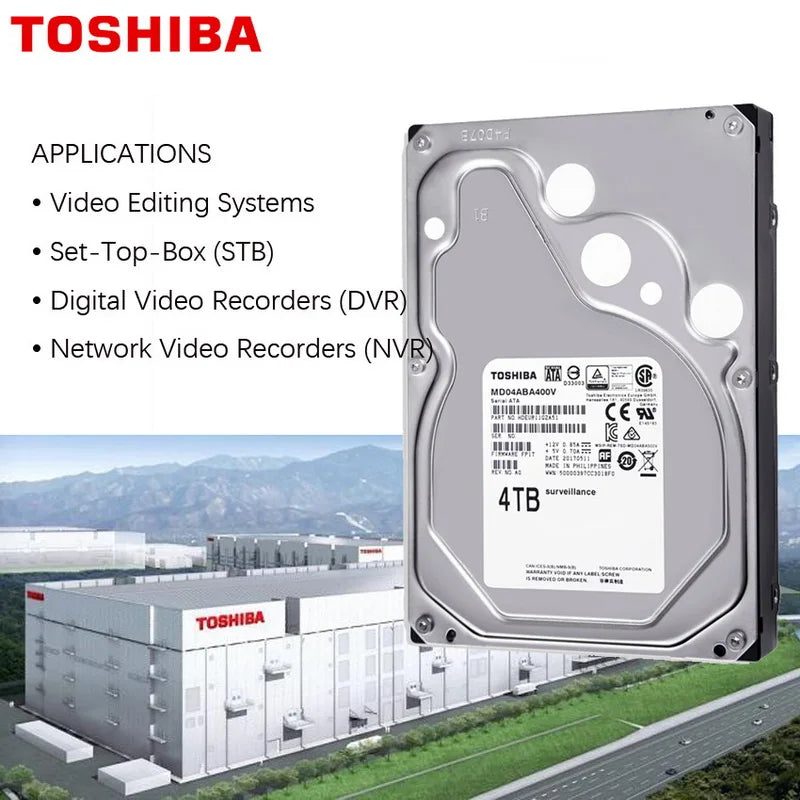 TOSHIBA 4TB Video Surveillance Hard Drive Disk DVR NVR CCTV Monitor HDD HD Internal SATA III 6Gb/s 5400RPM 128MB 3.5" harddisk