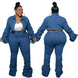 Plus Size Women's Two Piece Set Fall Outfits Long Sleeve Denim Coat and Jeans Stacked Pant Dropshipping Wholesale