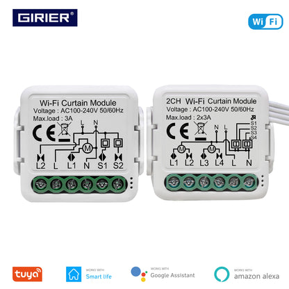 GIRIER Tuya Módulo de cortina inteligente Wifi Interruptor cego para motor elétrico de persiana de rolo 1/2 gang compatível com Alexa Google Home