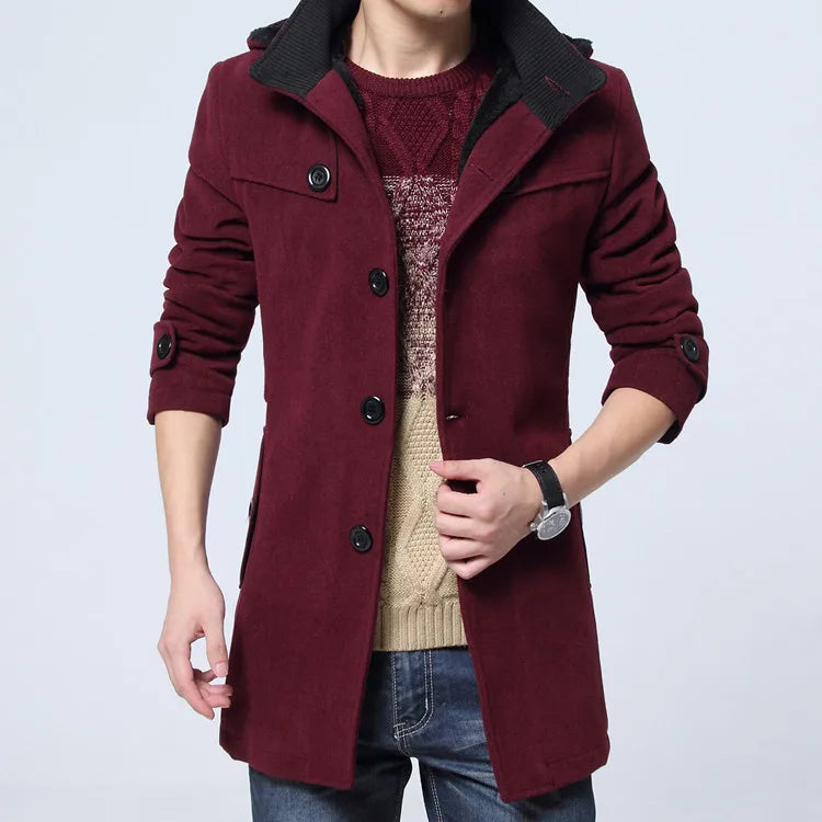 Men's Fleece Hooded Thick Wool Winter Coat 2023 Brand New Long Wool Trench Coat Men Casual Pocket Overcoat with Removable Hood