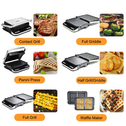BioloMix 2000W Electric Contact Grill Digital Griddle and Panini Press, Optional Waffle Maker Plates, Opens 180 Degree Barbecue