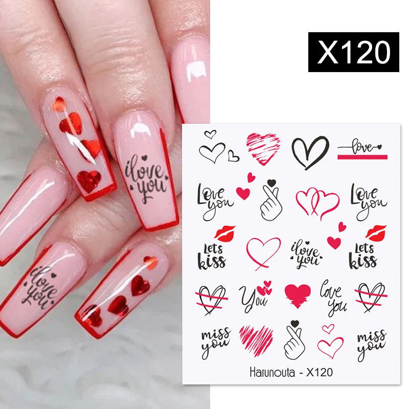 1Sheet 3D Red Heart Laser Nail Sticker Black Letter Star Line Self-Adhesive Slider Valentine's Day Series Nail Decals Decoration