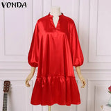 Plus Size 5XL VONDA 2024 Summer Dress Bohemian Women Short Lantern Sleeve Satin Mini Vestido V Neck Solid Elegant Party Sundress