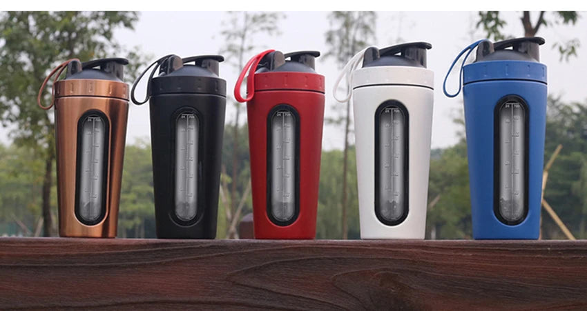 1Pc 700ML Stainless Steel Sports Water Mugs Shaker Bottles With Scale, Outdoor Gym Fitness Shake Cup Protein Powder Mixer Bottle