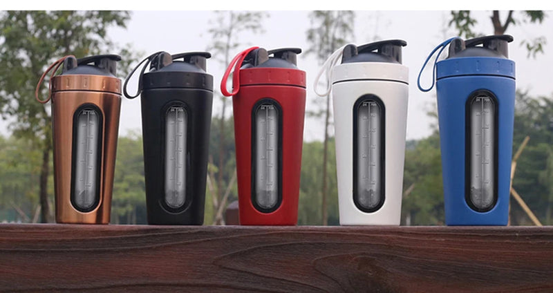 1Pc 700ML Stainless Steel Sports Water Mugs Shaker Bottles With Scale, Outdoor Gym Fitness Shake Cup Protein Powder Mixer Bottle