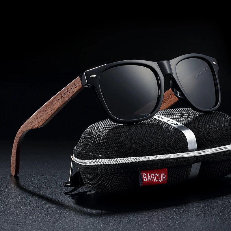 BARCUR Black Walnut Wood Sunglasses for Man Polarized High Quality Sqare Sun Glasses Men UV400 Eyewear Accessory Original Box