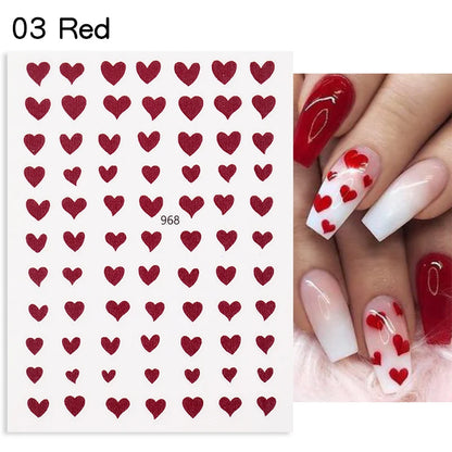 1Sheet 3D Red Heart Laser Nail Sticker Black Letter Star Line Self-Adhesive Slider Valentine's Day Series Nail Decals Decoration