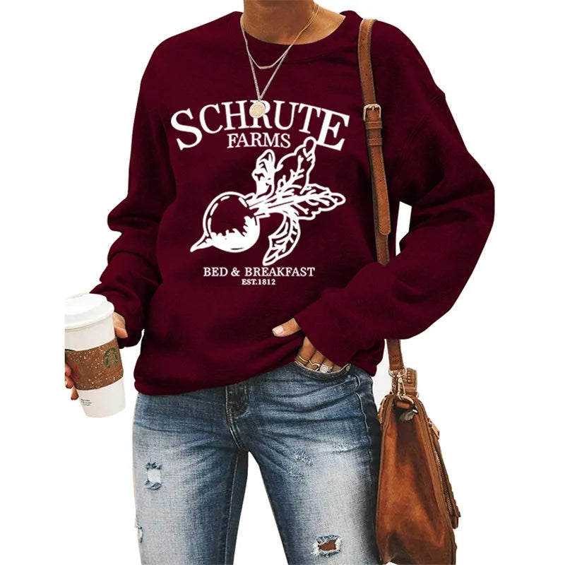 Schrute Farms Bed Breakfast Print Sweatshirts Women Crewneck Hoodies Jumper Pullover Radish Graphic Casual Female Sweatshirt