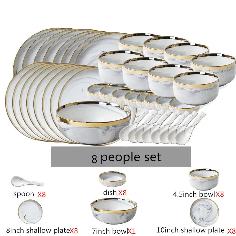 New Double-sided Gilt Rim Gray Marble Pattern Gilt Rim Porcelain Dinner Plate Set  Salad Noodles Bowl Ceramic Tableware