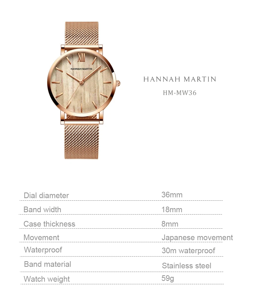 HANNAH MARTIN Women Watch Nordic Minimalist Japan Quartz Movement 3Bar Waterproof Women 36mm Full Rose Gold Dropshipping Watches
