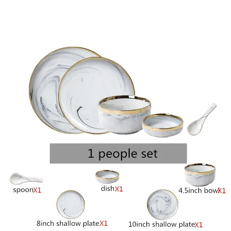 New Double-sided Gilt Rim Gray Marble Pattern Gilt Rim Porcelain Dinner Plate Set  Salad Noodles Bowl Ceramic Tableware