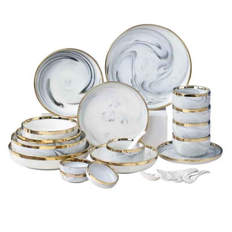 New Double-sided Gilt Rim Gray Marble Pattern Gilt Rim Porcelain Dinner Plate Set  Salad Noodles Bowl Ceramic Tableware