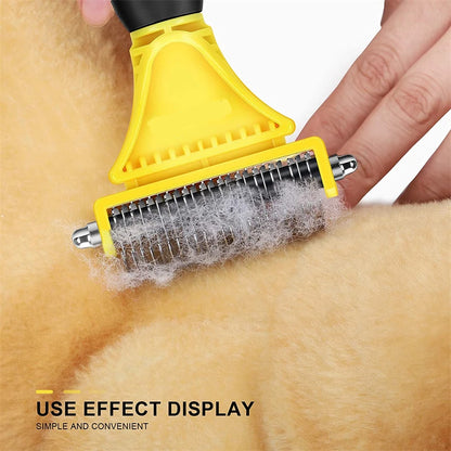 Cepillo de aseo de acero inoxidable para mascotas, de dos caras, para quitar el pelo suelto y desenredar la capa interna, peine rastrillo para perros y gatos, elimina nudos y enredos fácilmente.