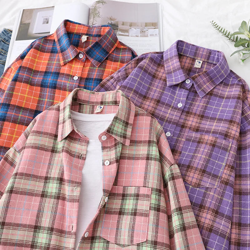 Casual Women's Plaid Shirt 2025 Spring Autumn New Ladies Loose Blouse and Tops Female Long Sleeve Shirts Fresh Checked Clothes