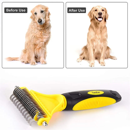 Cepillo de aseo de acero inoxidable para mascotas, de dos caras, para quitar el pelo suelto y desenredar la capa interna, peine rastrillo para perros y gatos, elimina nudos y enredos fácilmente.