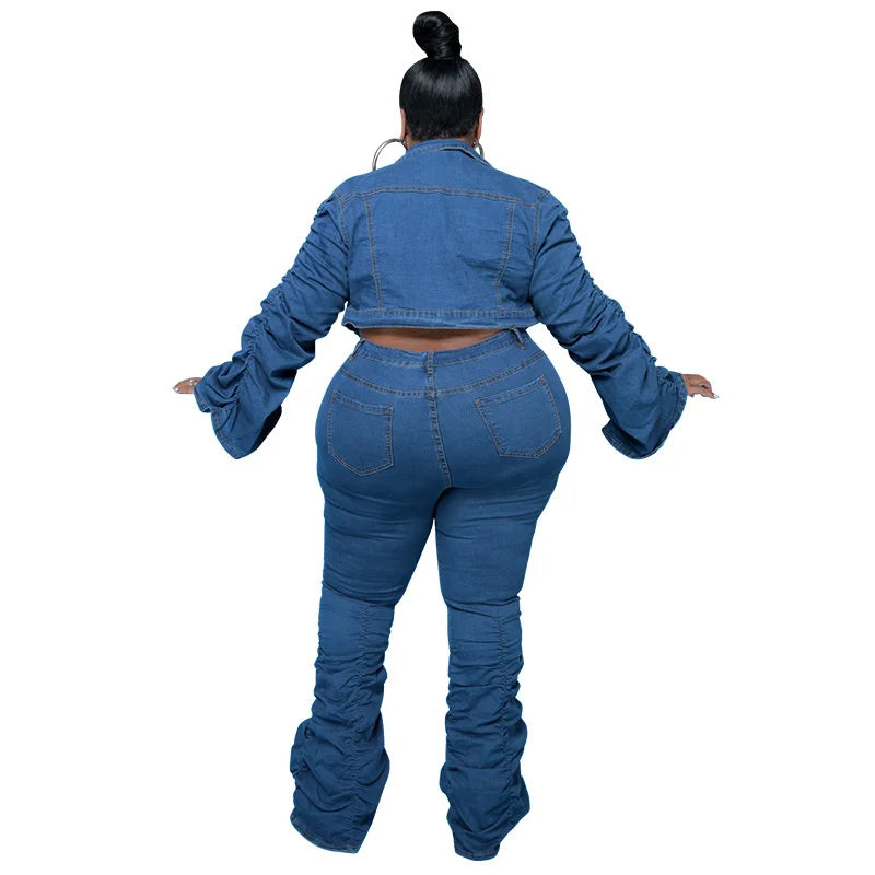 Plus Size Women's Two Piece Set Fall Outfits Long Sleeve Denim Coat and Jeans Stacked Pant Dropshipping Wholesale