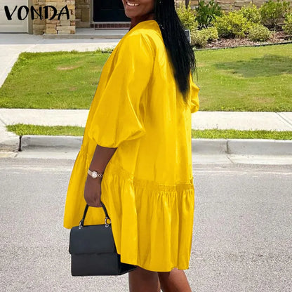 Plus Size 5XL VONDA 2024 Summer Dress Bohemian Women Short Lantern Sleeve Satin Mini Vestido V Neck Solid Elegant Party Sundress
