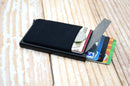 YUECIMIE Cartera delgada de aluminio con bolsillo trasero elástico, tarjetero para identificación, mini billetera RFID, estuche automático emergente para tarjetas bancarias.