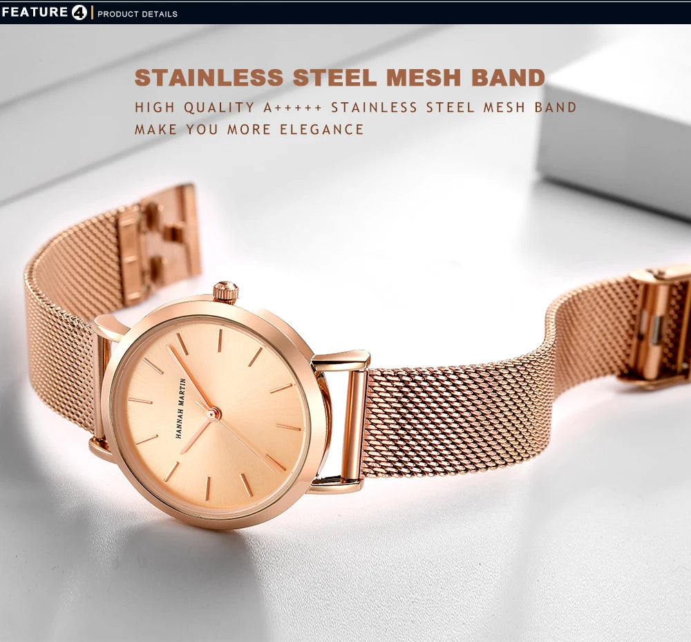 HANNAH MARTIN Women Watch Nordic Minimalist Japan Quartz Movement 3Bar Waterproof Women 36mm Full Rose Gold Dropshipping Watches