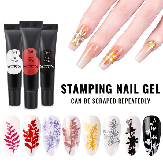 Esmalte en gel para estampación KADS de 8 ml, esmalte de uñas en gel para estampación, esmalte de uñas UV blanco y negro, herramienta para placa de estampación.