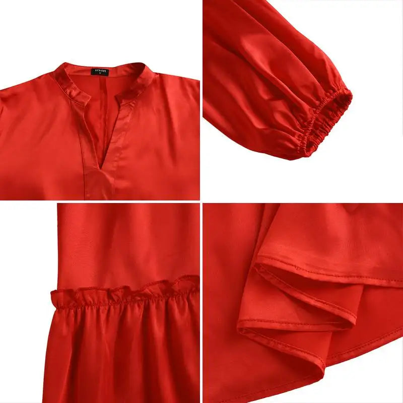 Plus Size 5XL VONDA 2024 Summer Dress Bohemian Women Short Lantern Sleeve Satin Mini Vestido V Neck Solid Elegant Party Sundress