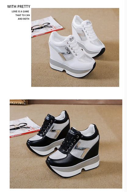 Fashion White Sneakers Women's High Platform Casual Shoes Height Increasi Leathe Shoes 10 CM Thick Sole Trainers Tennis Sports