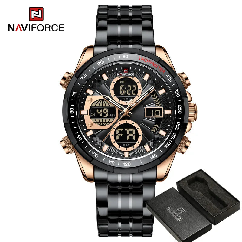 NAVIFORCE Top Brand Luxury Classic Men Watch Quartz Digital Male Clock Military Sport Silver Stainless Steel Man Wristwatch 9197