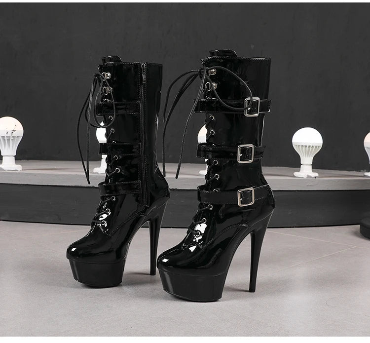 Nightclub Platform Women's Shoes 8 Inch Pole Dancing Pumps 20CM Thin High Heels Mid Tube Boots Design Buckle Sexy Stripper Show