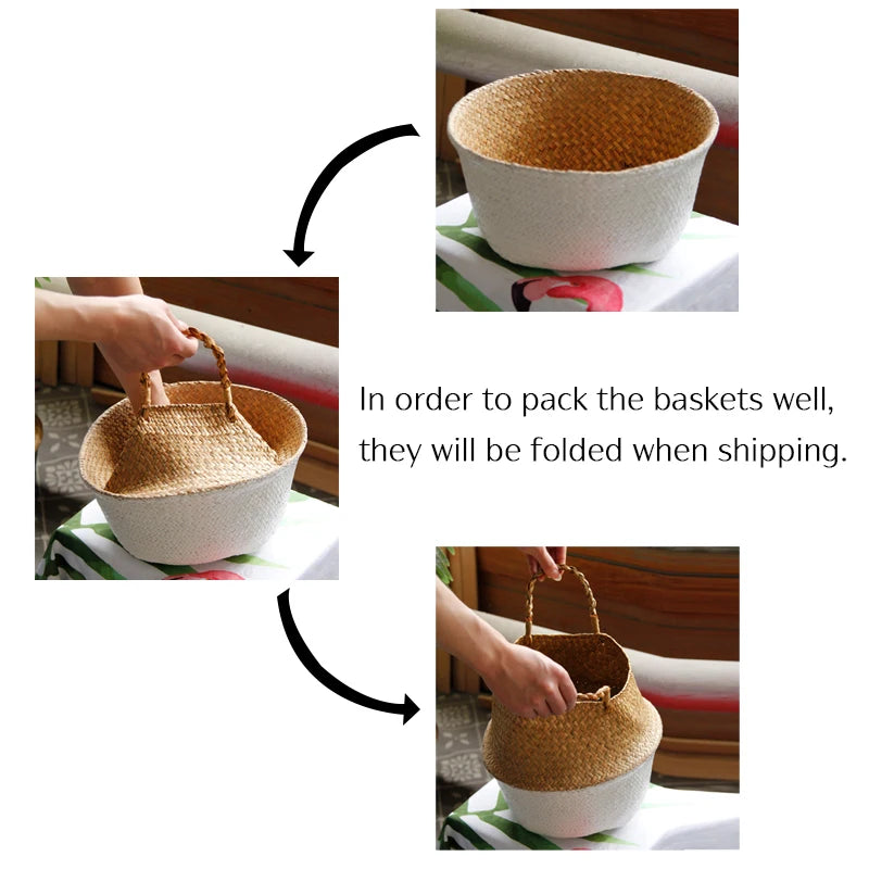 Storage Baskets Straw Wicker Rattan Hanging Flowerpot Seagrass Folding Laundry Clthoes Baskets Garden Plant Basket Home Decor