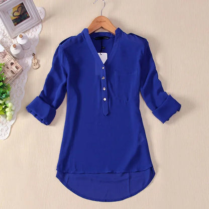 Blusa feminina botões gola v chiffon, camisa feminina manga comprida casual escritório elegante tops p5