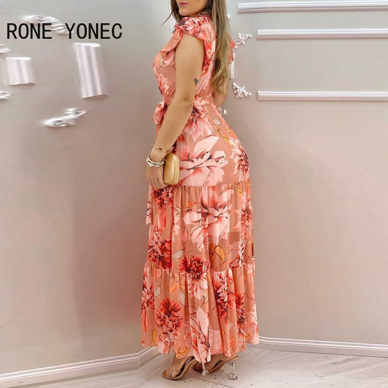 Women V-Neck Ruffles Sleeve Floral Print Chiffon Dress Maxi Dress Vacation Dress 2021
