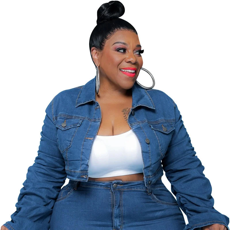 Plus Size Women's Two Piece Set Fall Outfits Long Sleeve Denim Coat and Jeans Stacked Pant Dropshipping Wholesale