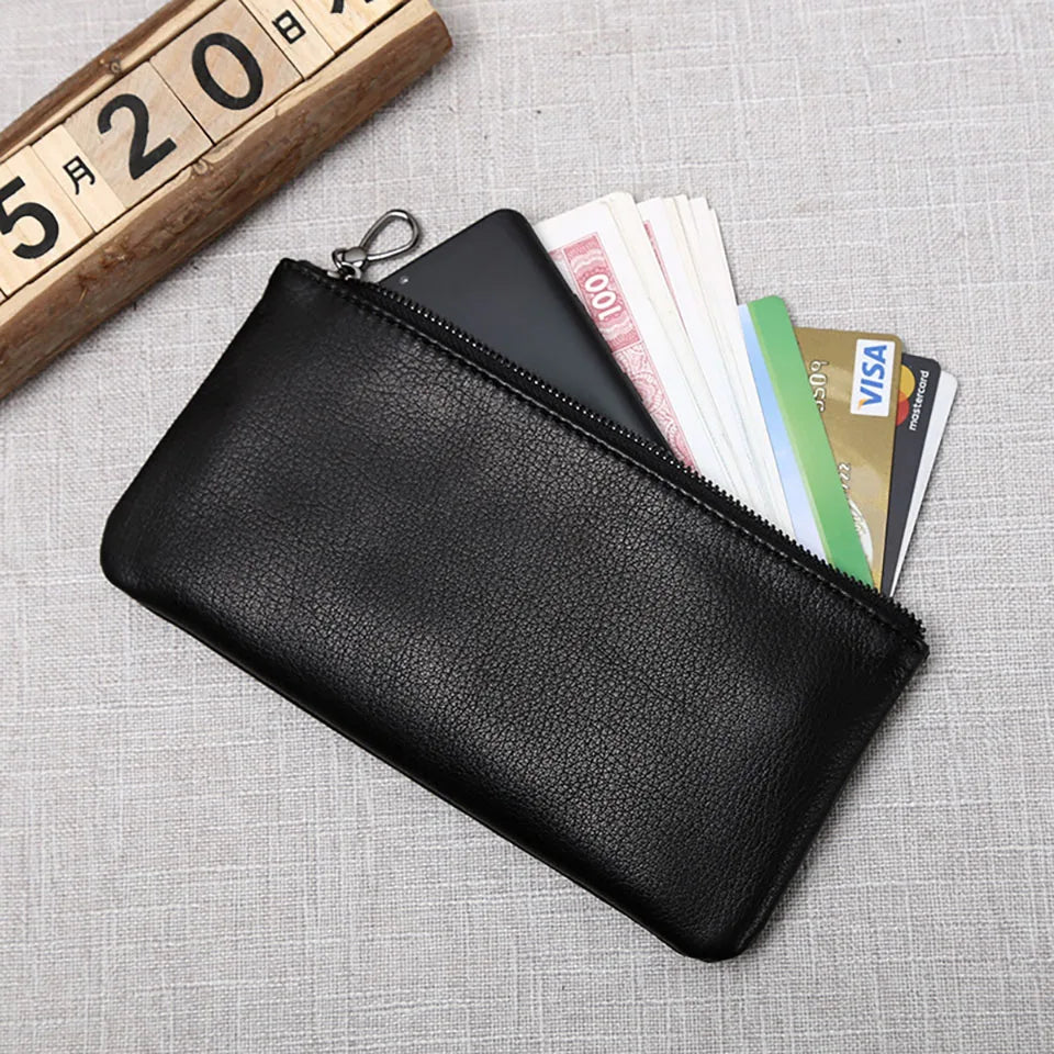 ZRCX Men's Genuine Leather Long Zipper Wallet First Layer Cowhide Youth Ultra-Thin Handbag Wallet Trendy Brand Simple Wallet