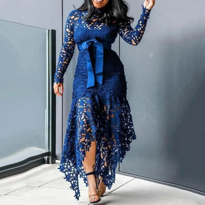 70% Hot Sell Women Long Sleeve Bow Belted Irregular Hem Hollow Lace Sexy Bodycon Long Dress