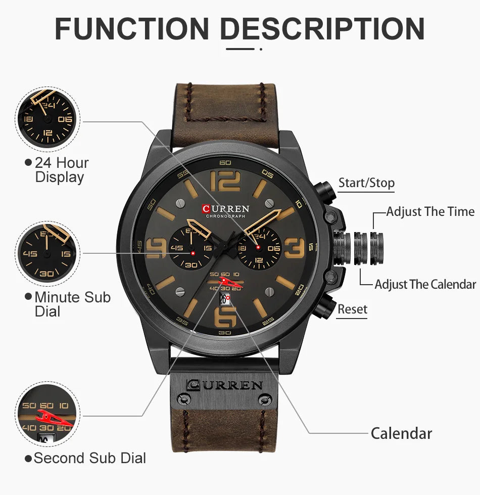 CURREN Mens Watches Top Luxury Brand Waterproof Sport Wrist Watch Chronograph Quartz Military Genuine Leather Relogio Masculino