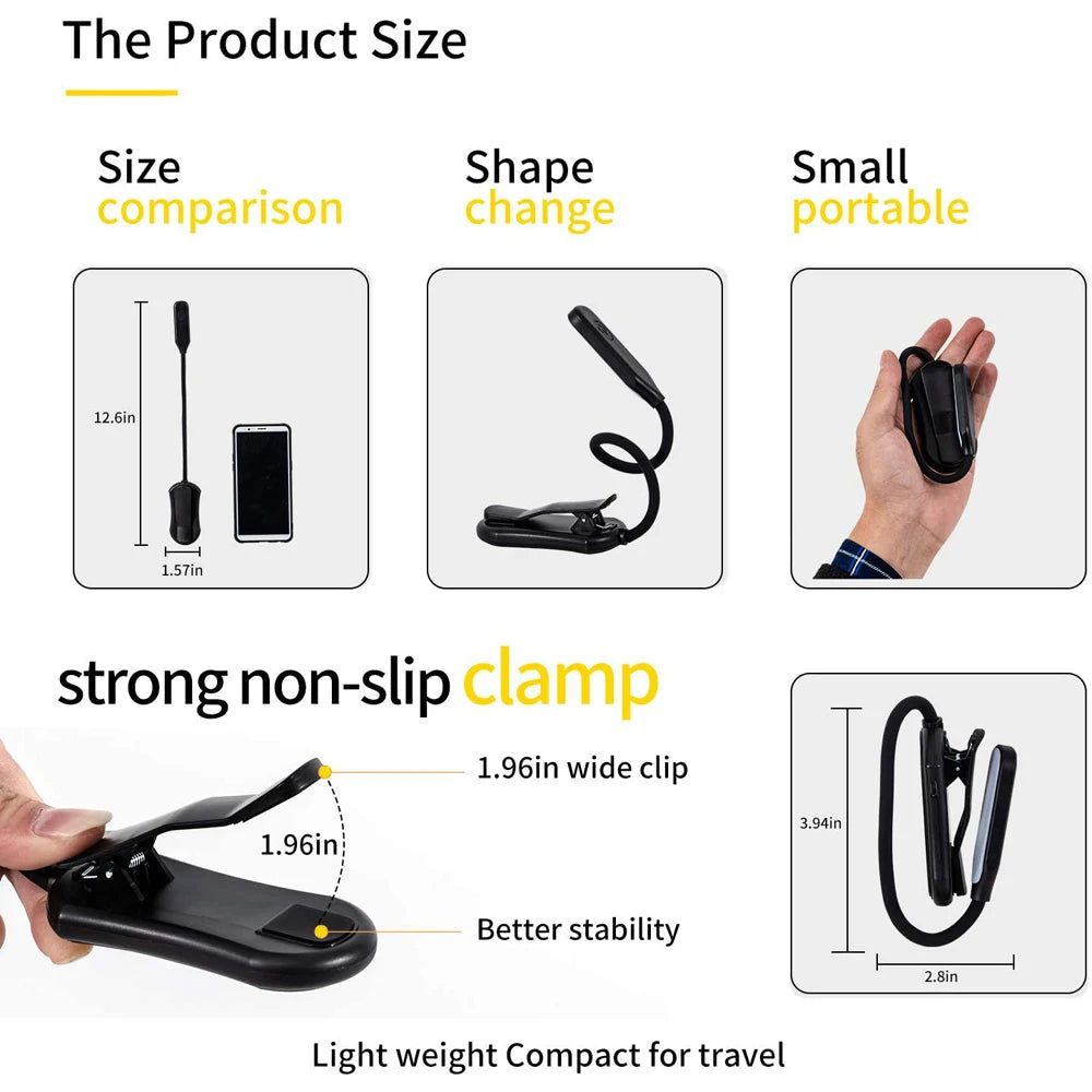 Rechargeable Book Reading Light Lamp, LED Book Light for Reading in Bed - Eye Caring Adjustable Brightness 3 Color Temperatures
