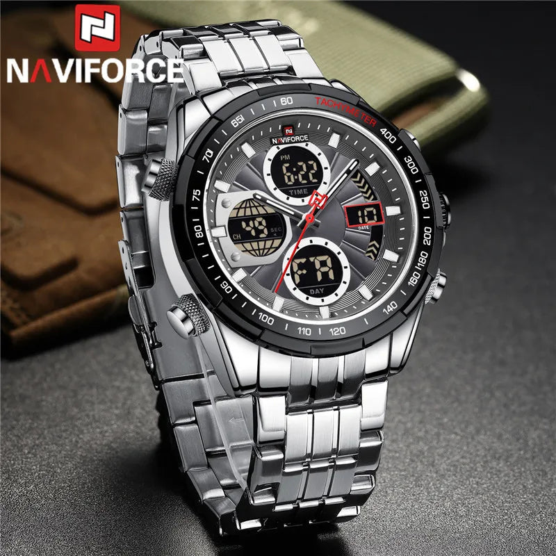 NAVIFORCE Top Brand Luxury Classic Men's Watch Quartz Digital Male Clock Military Sport Silver Stainless Steel Man Wristwatch 9197