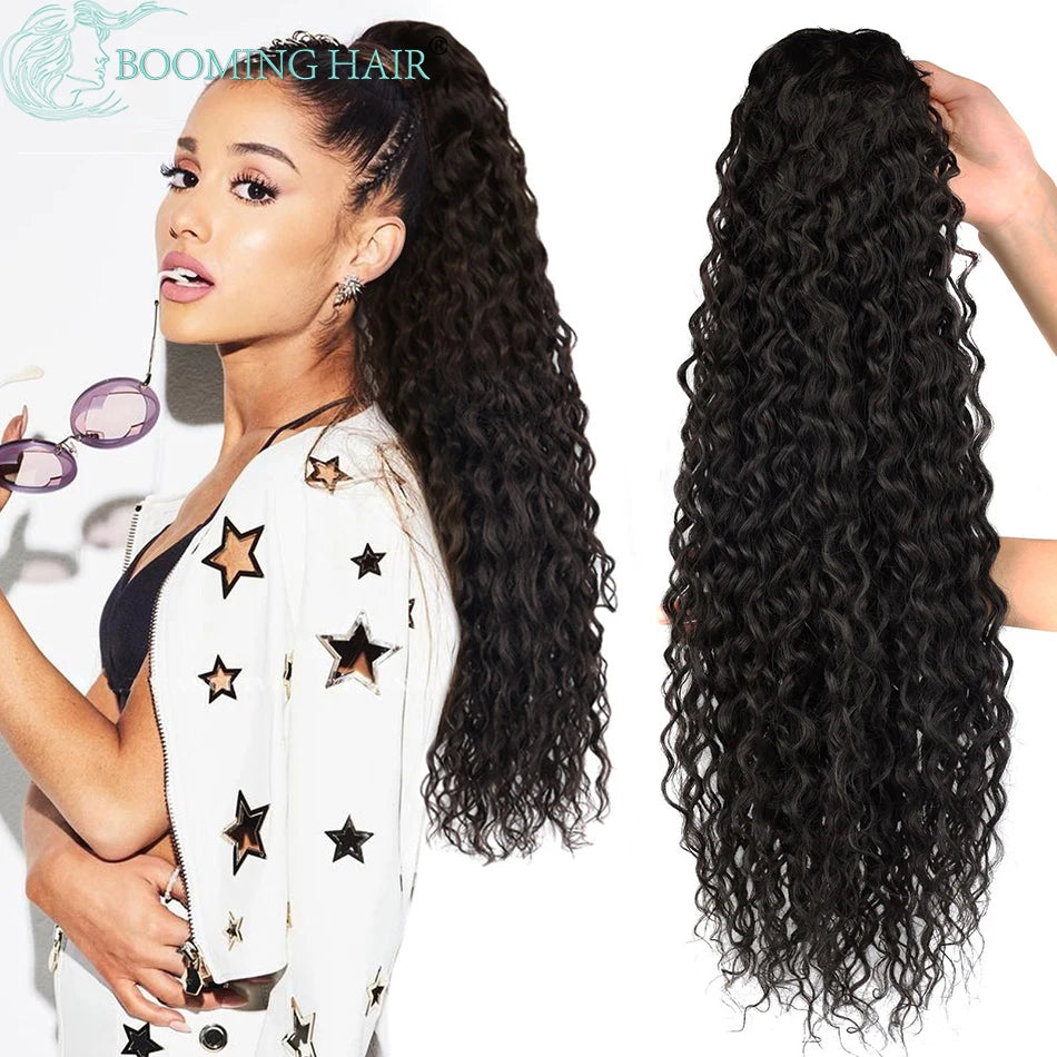 Extensões de rabo de cavalo cacheado longo 80cm aplique sintético com cordão e clip water wave