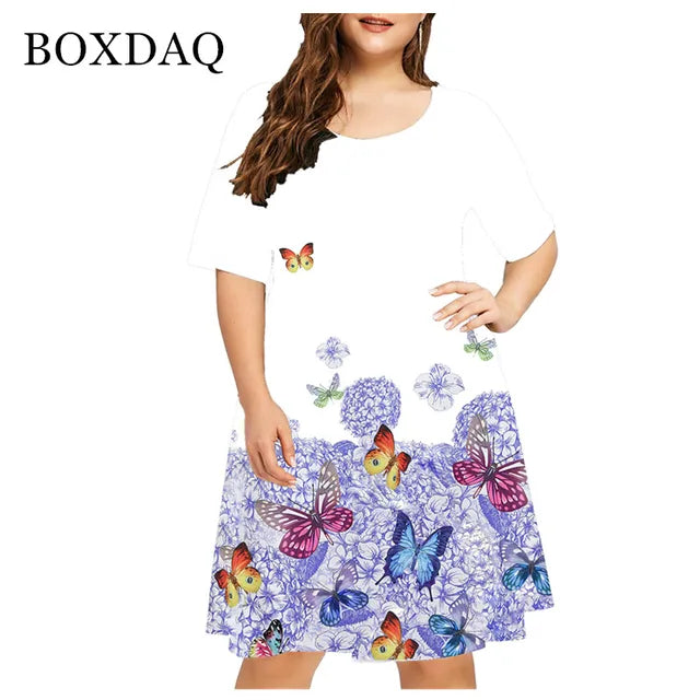 2021 Summer New Cute Cat Print Dress Women Short Sleeve Casual Mini Dress Ladies Streetwear Fashion Female Clothing Plus Size 4XL 
