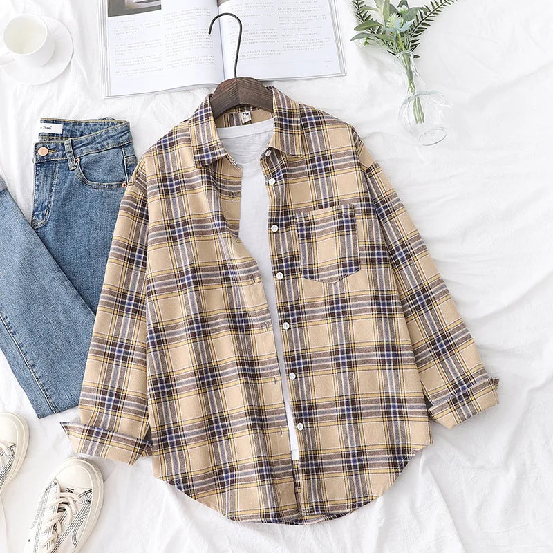 Casual Women's Plaid Shirt 2025 Spring Autumn New Ladies Loose Blouse and Tops Female Long Sleeve Shirts Fresh Checked Clothes