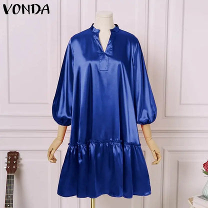 Plus Size 5XL VONDA 2024 Summer Dress Bohemian Women Short Lantern Sleeve Satin Mini Vestido V Neck Solid Elegant Party Sundress