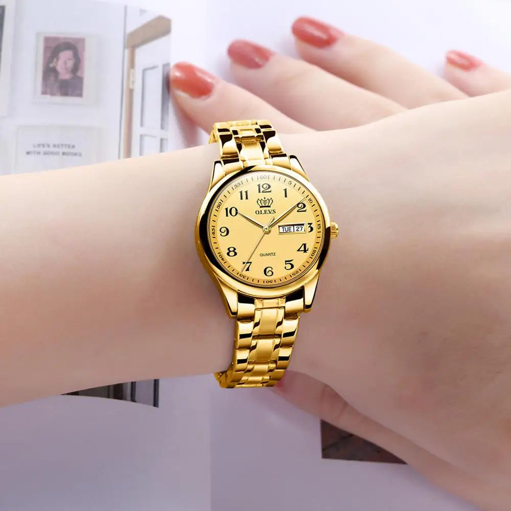 Relogio feminino de luxo bicolor aço inoxidavel e calendario duplo