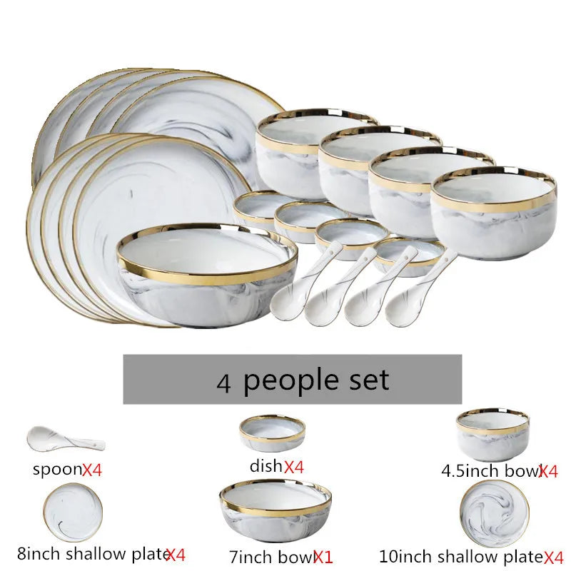 New Double-sided Gilt Rim Gray Marble Pattern Gilt Rim Porcelain Dinner Plate Set  Salad Noodles Bowl Ceramic Tableware